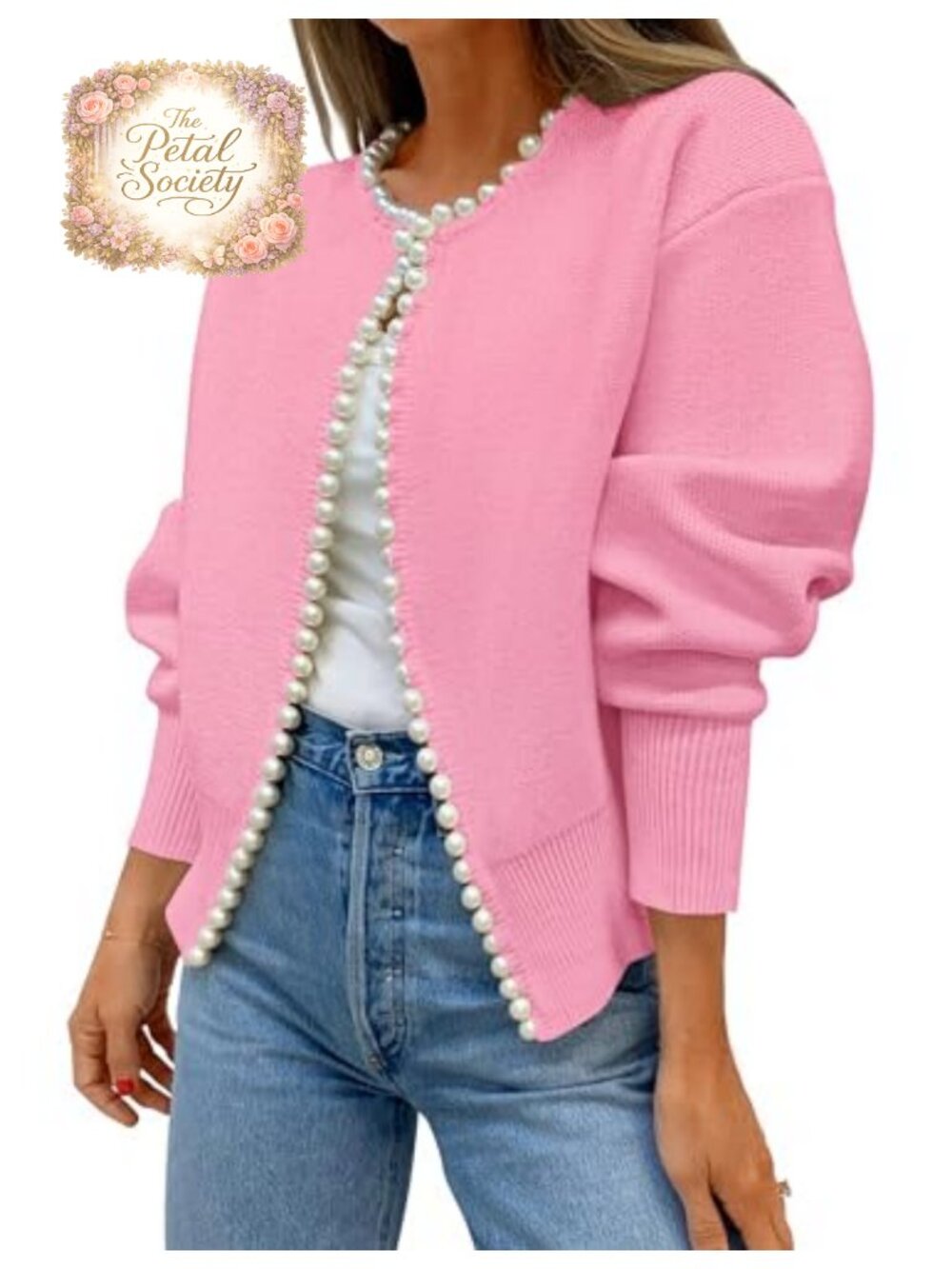 Pearl Trim Open Front Cardigan Sweater Ribbed Knit Long Sleeve
